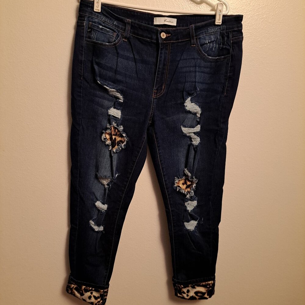KanCan Mid Rise Distressed Leopard Print Accent Super Skinny Jeans - Picture 8 of 16